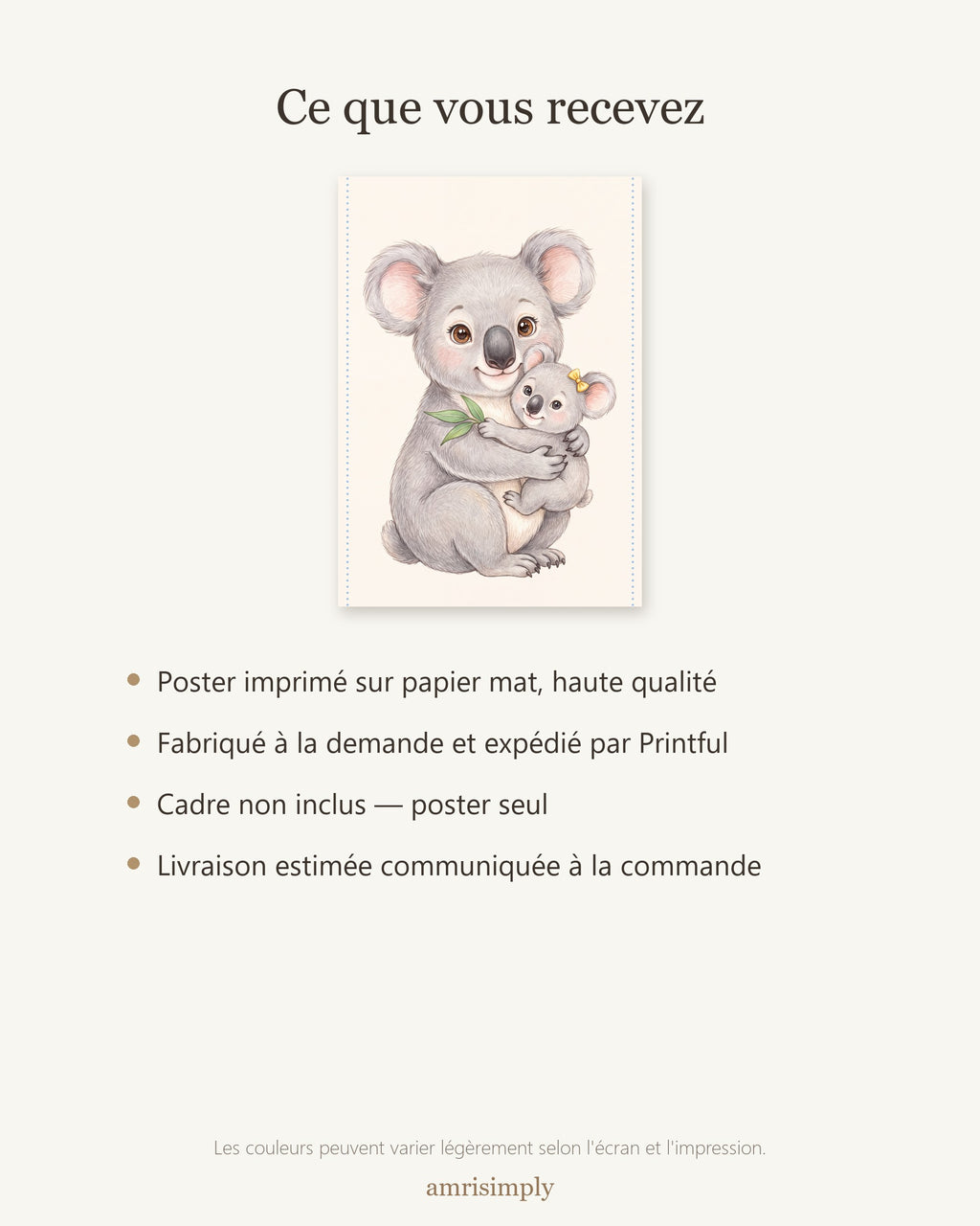 Poster Maman Koala et son Bébé Sans Cadre – Décoration Chambre Bébé Animaux Aquarelle – Papier Mat