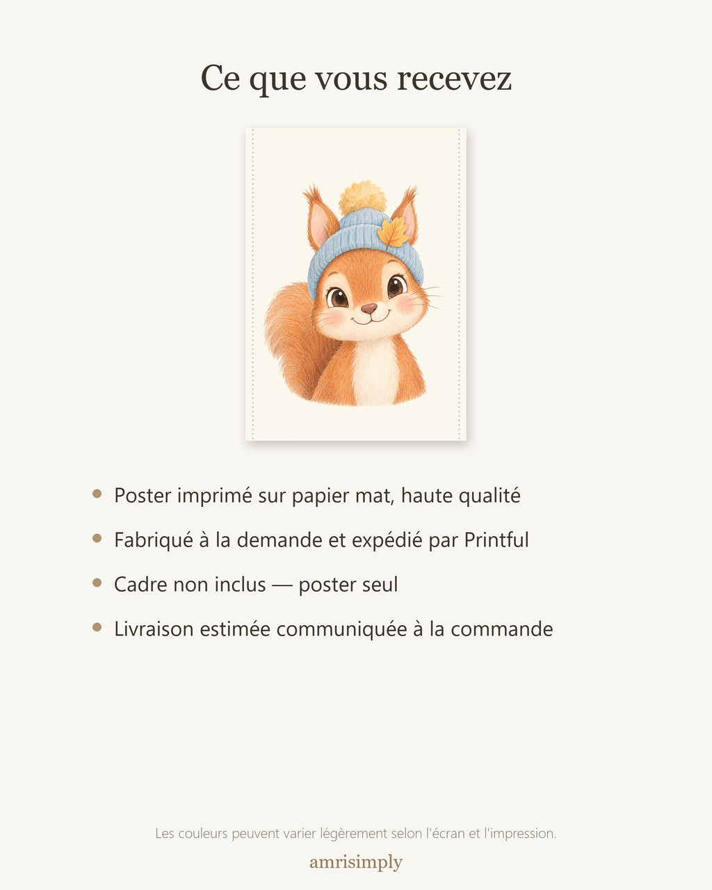 Poster Écureuil au Bonnet Sans Cadre – Décoration Chambre Bébé Animaux Aquarelle – Papier Mat