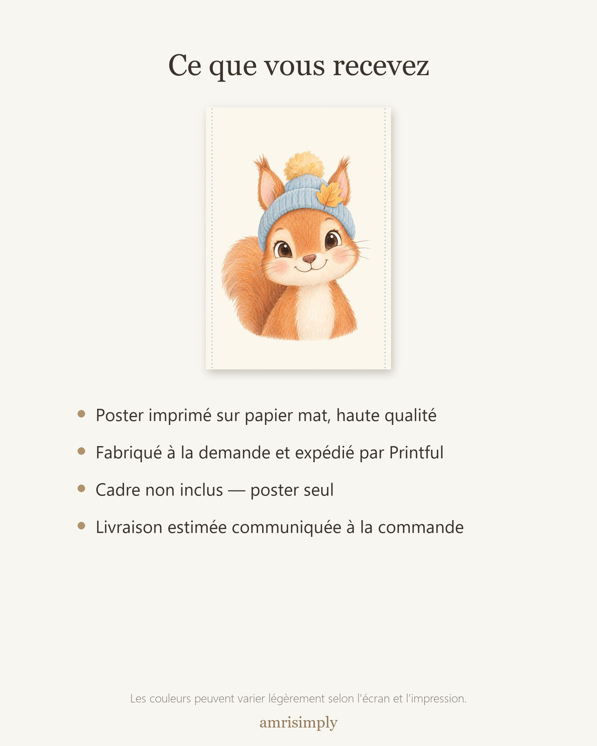 Poster Écureuil au Bonnet Sans Cadre – Décoration Chambre Bébé Animaux Aquarelle – Papier Mat