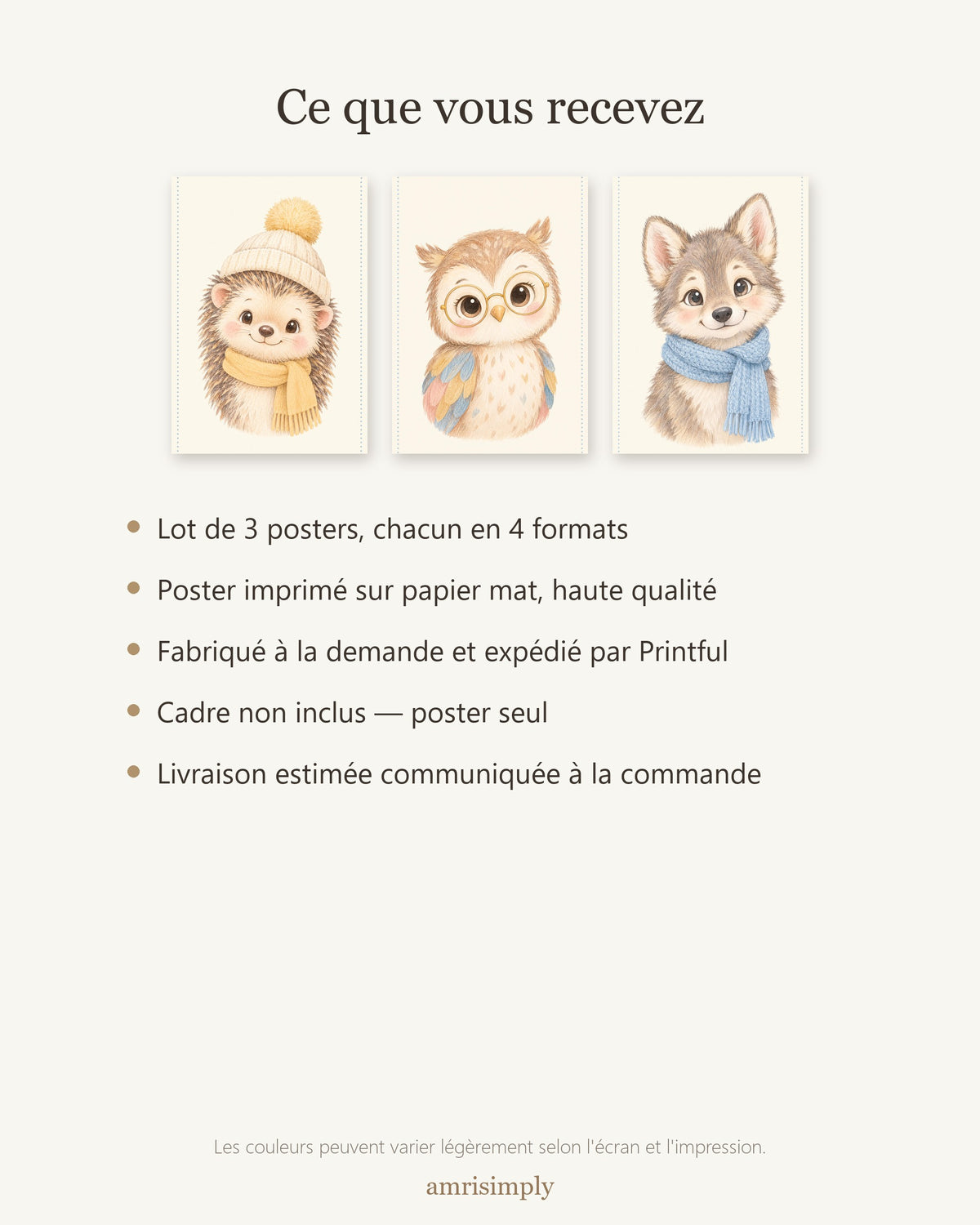 Lot 3 Posters Sans Cadre Nuit dans les Bois – Hérisson Chouette Louveteau – Décoration Chambre Bébé Aquarelle – Papier Mat