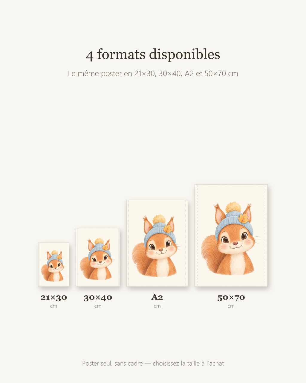 Poster Écureuil au Bonnet Sans Cadre – Décoration Chambre Bébé Animaux Aquarelle – Papier Mat