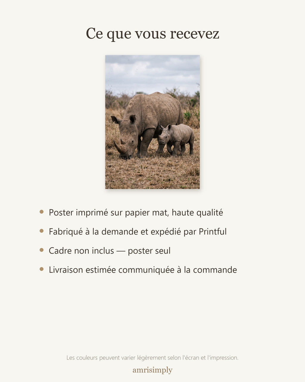 Poster Rhinocéros Blanc et son Petit Sans Cadre - Affiche Nature - Papier Mat - Décoration Murale