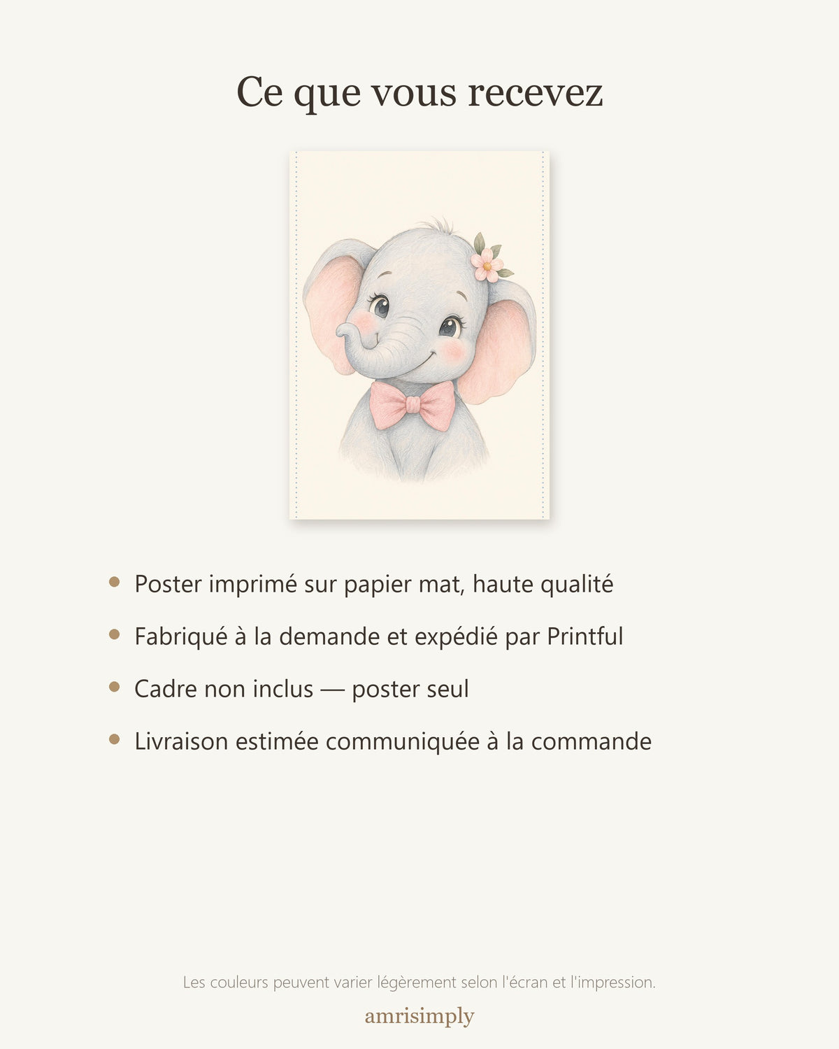 Poster Éléphanteau Fleur Sans Cadre – Décoration Chambre Bébé Animaux Aquarelle – Papier Mat
