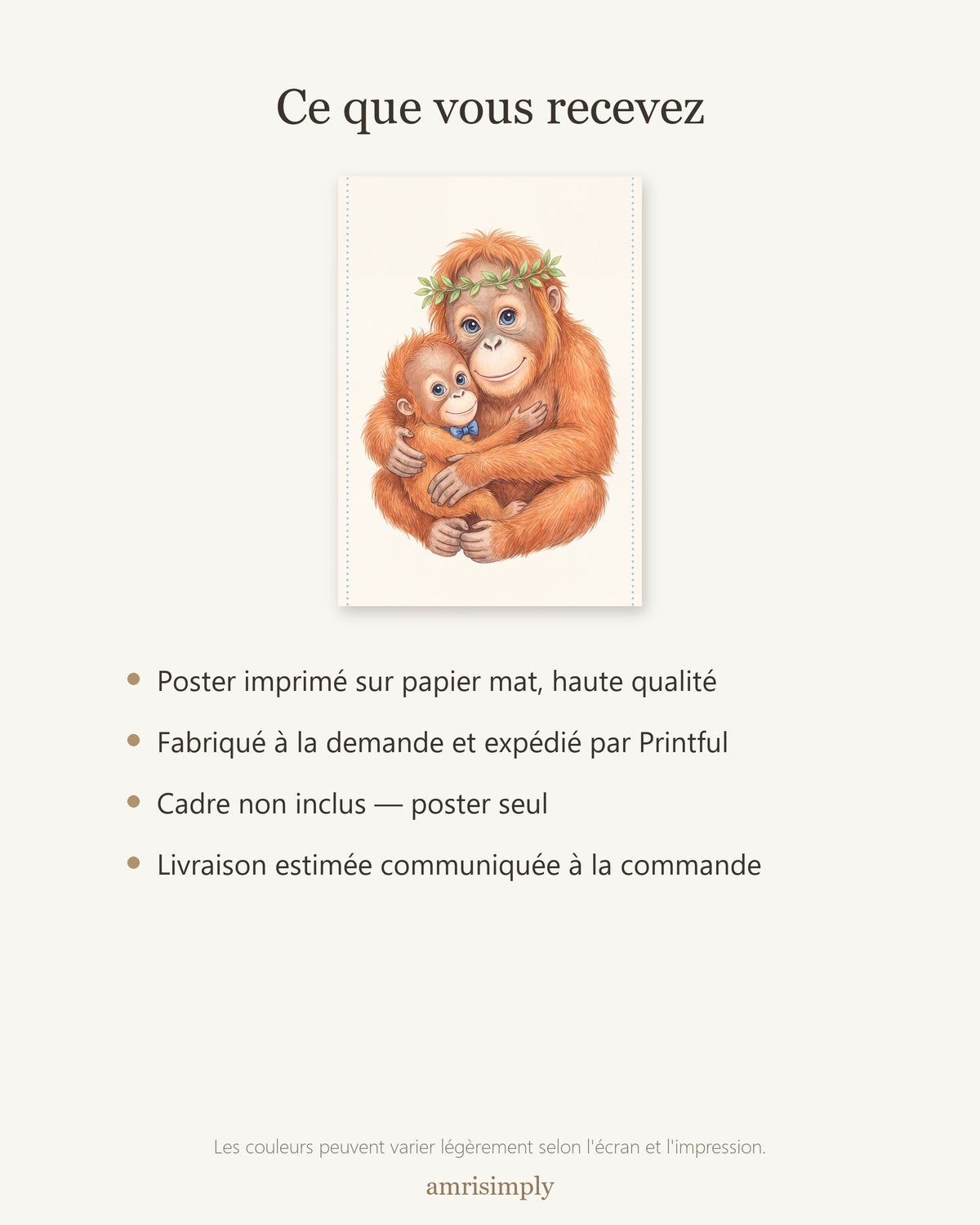 Poster Maman Orang-outan et son Bébé Sans Cadre – Décoration Chambre Bébé Animaux Aquarelle – Papier Mat