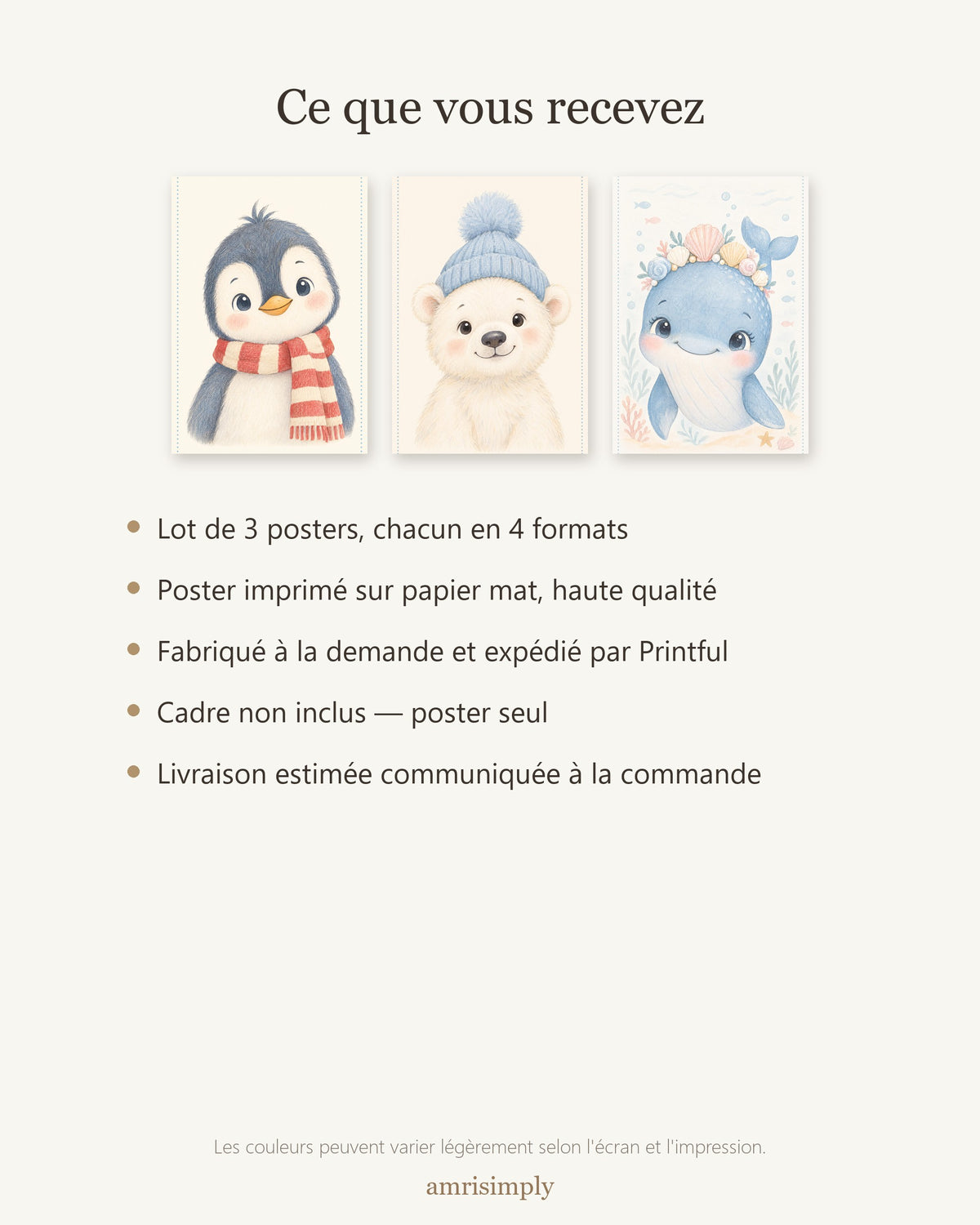 Lot 3 Posters Sans Cadre Grand Froid – Ours Polaire Pingouin Baleine – Décoration Chambre Bébé Aquarelle – Papier Mat