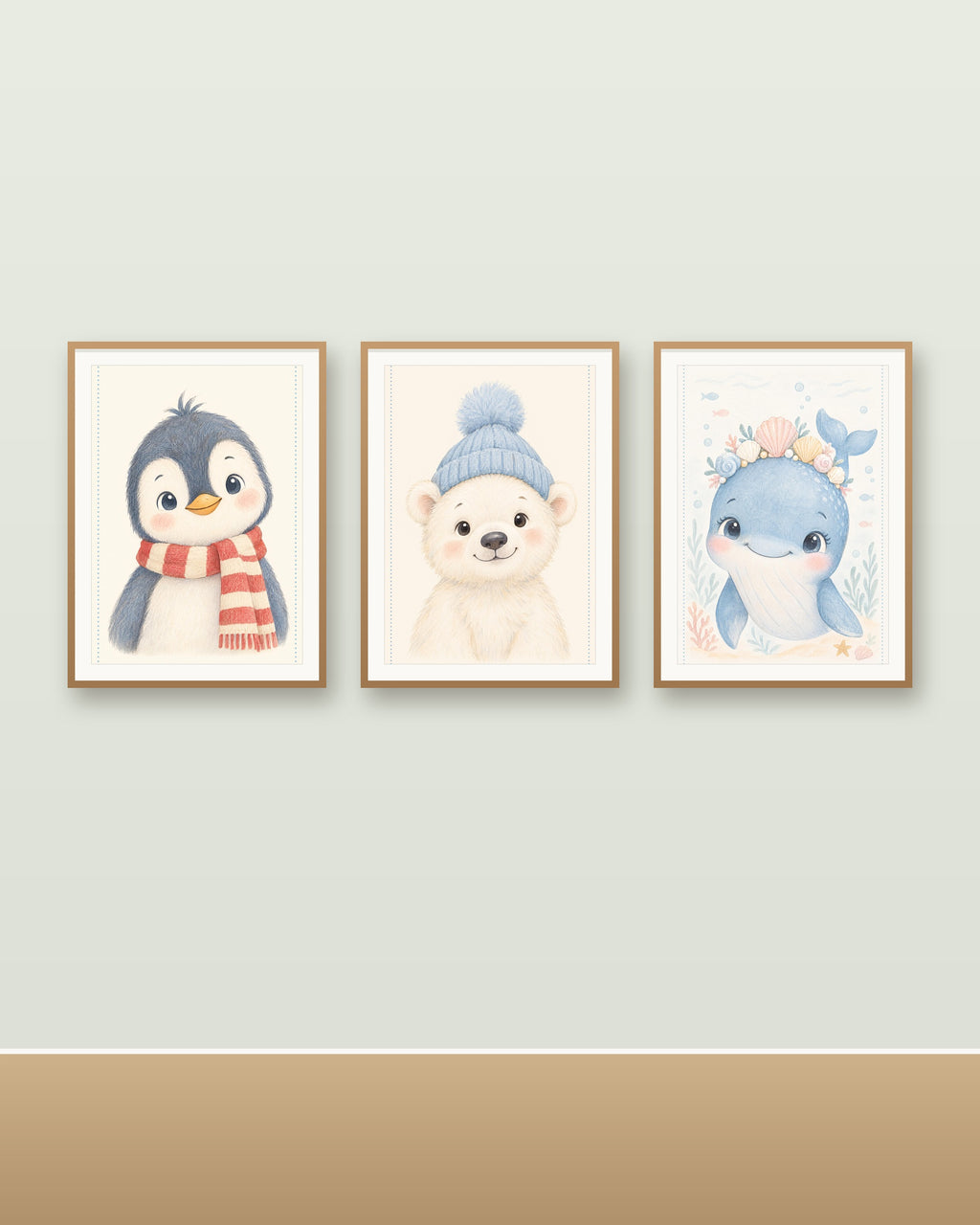 Lot 3 Posters Sans Cadre Grand Froid – Ours Polaire Pingouin Baleine – Décoration Chambre Bébé Aquarelle – Papier Mat
