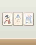 Lot 3 Posters Sans Cadre Grand Froid – Ours Polaire Pingouin Baleine – Décoration Chambre Bébé Aquarelle – Papier Mat