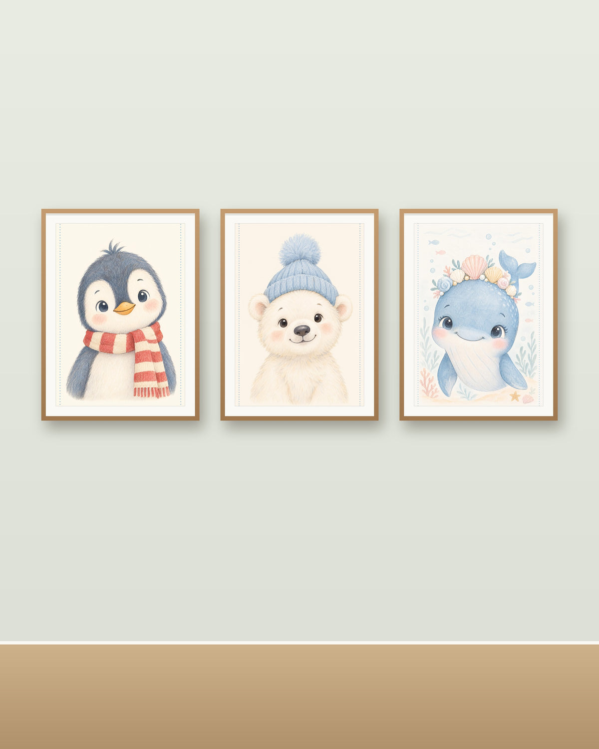 Lot 3 Posters Sans Cadre Grand Froid – Ours Polaire Pingouin Baleine – Décoration Chambre Bébé Aquarelle – Papier Mat
