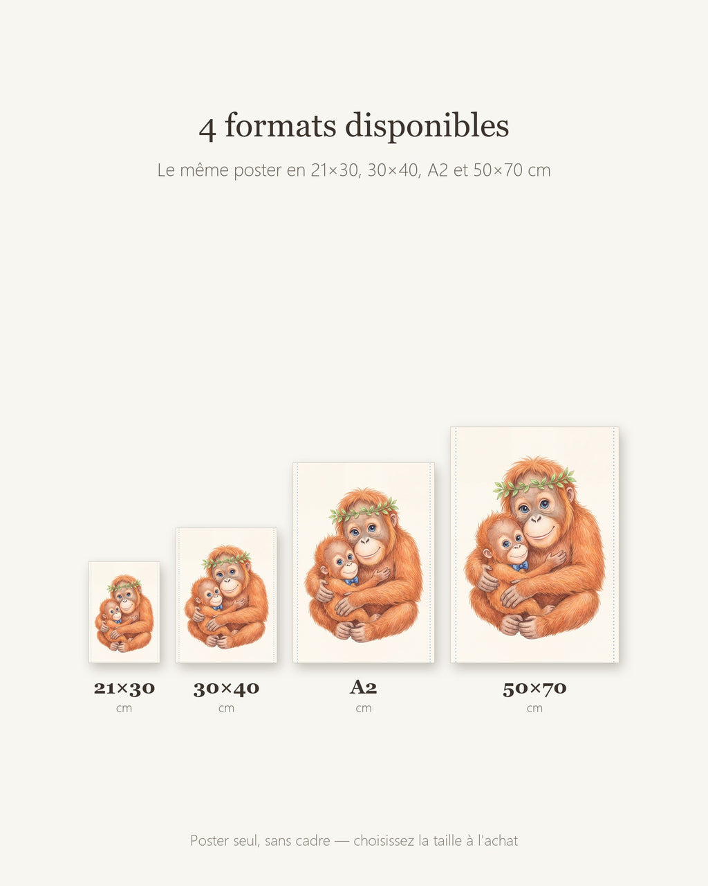 Poster Maman Orang-outan et son Bébé Sans Cadre – Décoration Chambre Bébé Animaux Aquarelle – Papier Mat
