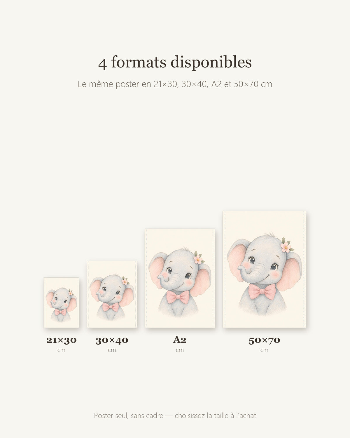 Poster Éléphanteau Fleur Sans Cadre – Décoration Chambre Bébé Animaux Aquarelle – Papier Mat