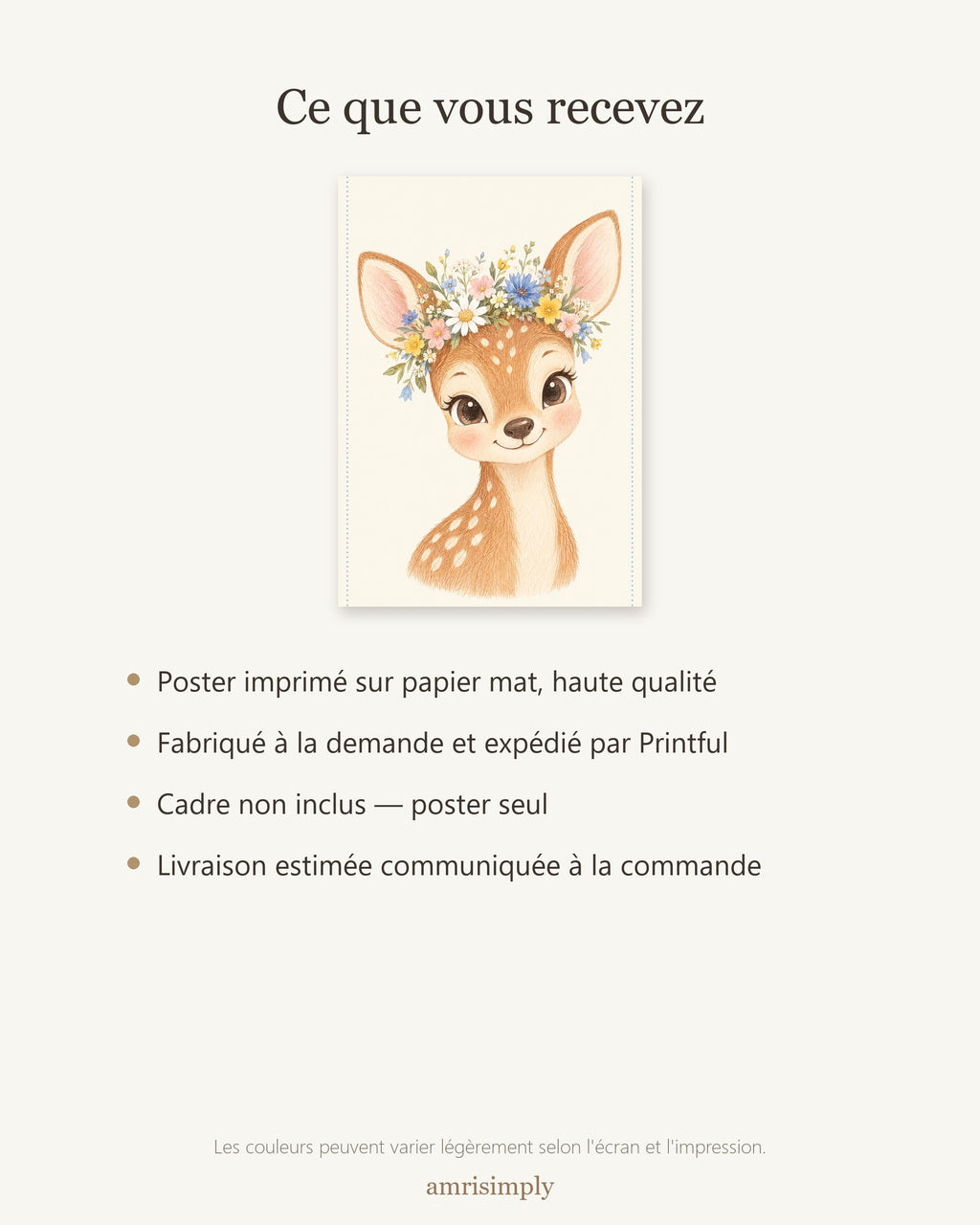 Poster Faon Fleuri Sans Cadre – Décoration Chambre Bébé Animaux Aquarelle – Papier Mat