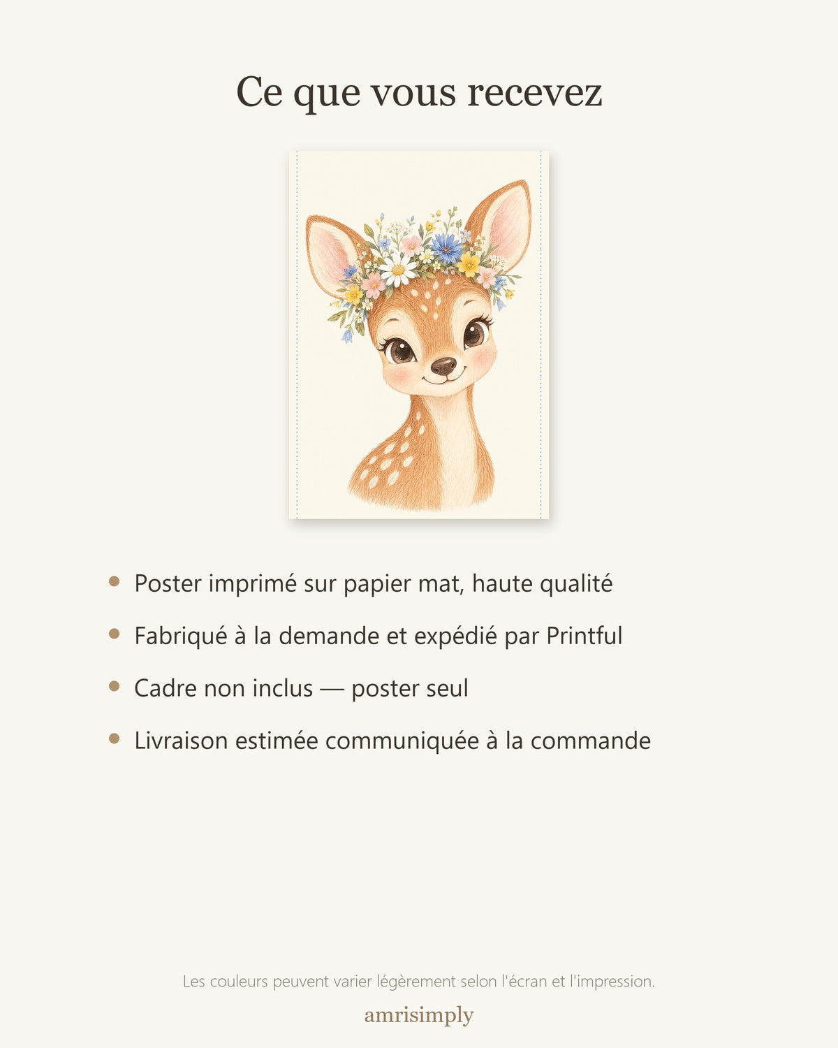 Poster Faon Fleuri Sans Cadre – Décoration Chambre Bébé Animaux Aquarelle – Papier Mat