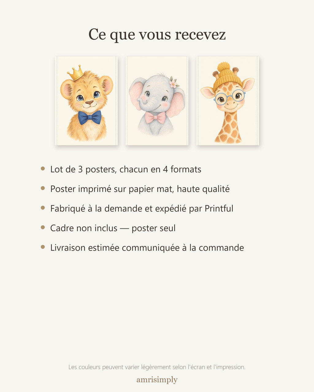 Lot 3 Posters Sans Cadre Rois de la Savane – Lionceau Éléphanteau Girafon – Décoration Chambre Bébé Aquarelle – Papier Mat