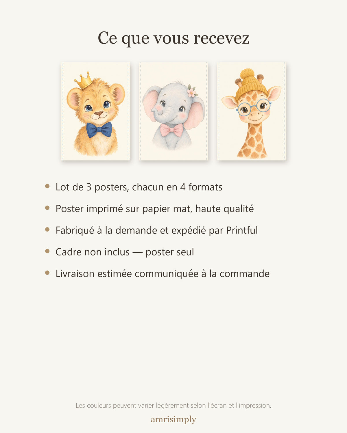 Lot 3 Posters Sans Cadre Rois de la Savane – Lionceau Éléphanteau Girafon – Décoration Chambre Bébé Aquarelle – Papier Mat