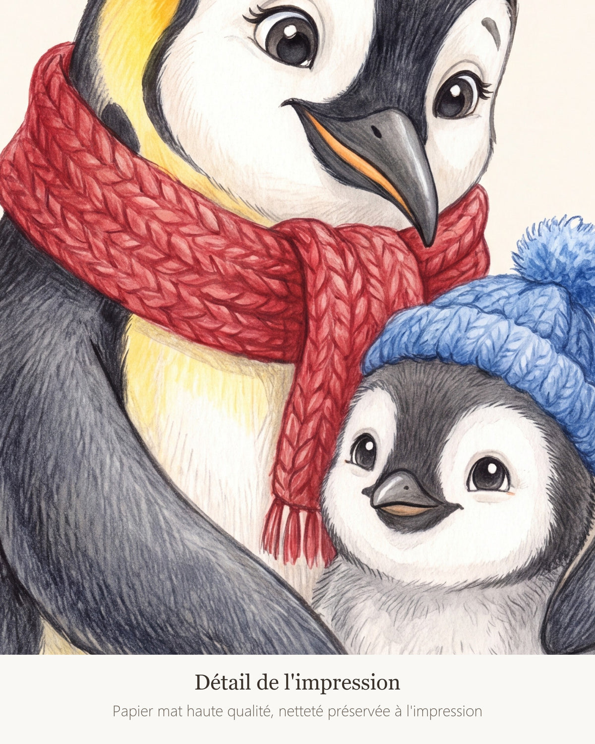 Poster Maman Manchot et son Poussin Sans Cadre – Décoration Chambre Bébé Animaux Aquarelle – Papier Mat