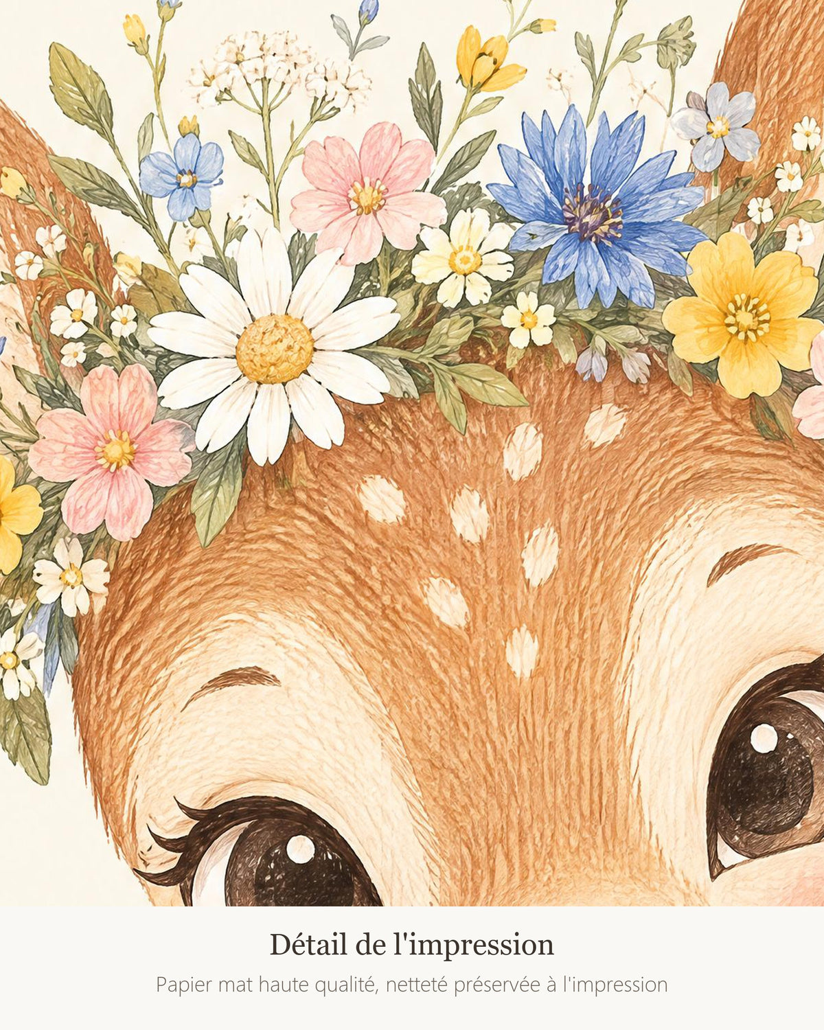 Poster Faon Fleuri Sans Cadre – Décoration Chambre Bébé Animaux Aquarelle – Papier Mat