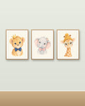 Lot 3 Posters Sans Cadre Rois de la Savane – Lionceau Éléphanteau Girafon – Décoration Chambre Bébé Aquarelle – Papier Mat