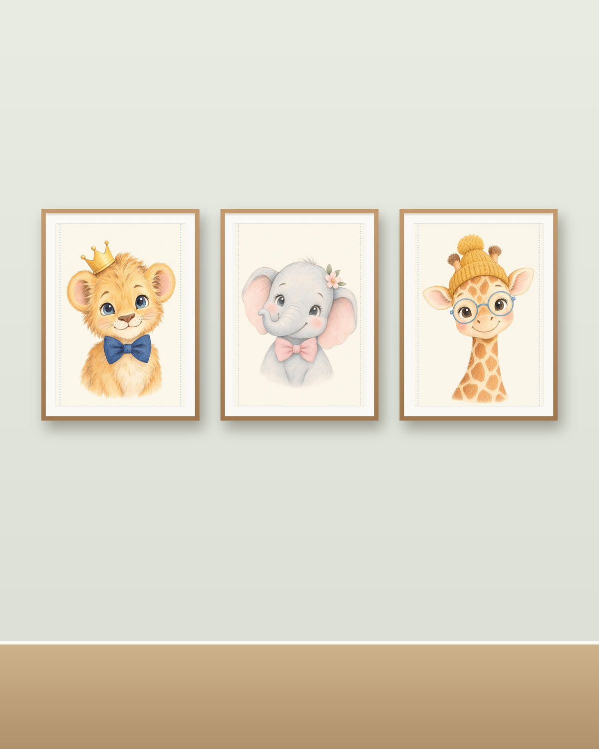 Lot 3 Posters Sans Cadre Rois de la Savane – Lionceau Éléphanteau Girafon – Décoration Chambre Bébé Aquarelle – Papier Mat