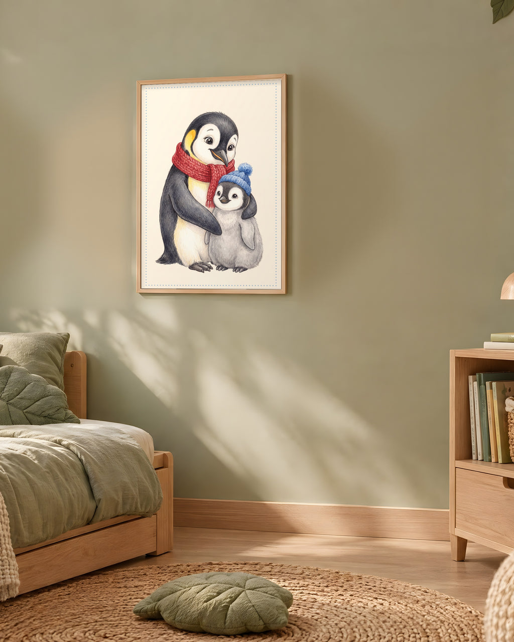 Poster Maman Manchot et son Poussin Sans Cadre – Décoration Chambre Bébé Animaux Aquarelle – Papier Mat