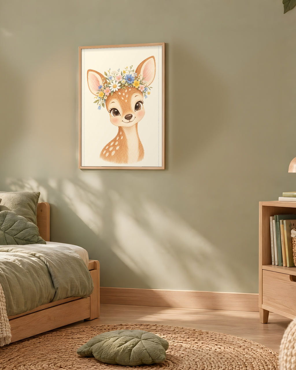 Poster Faon Fleuri Sans Cadre – Décoration Chambre Bébé Animaux Aquarelle – Papier Mat