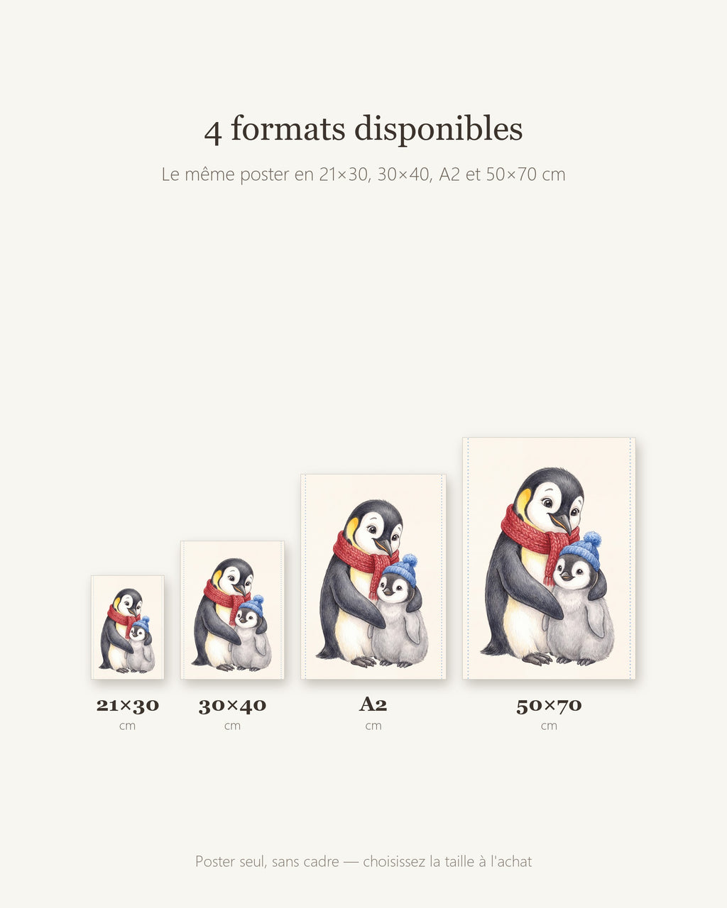 Poster Maman Manchot et son Poussin Sans Cadre – Décoration Chambre Bébé Animaux Aquarelle – Papier Mat