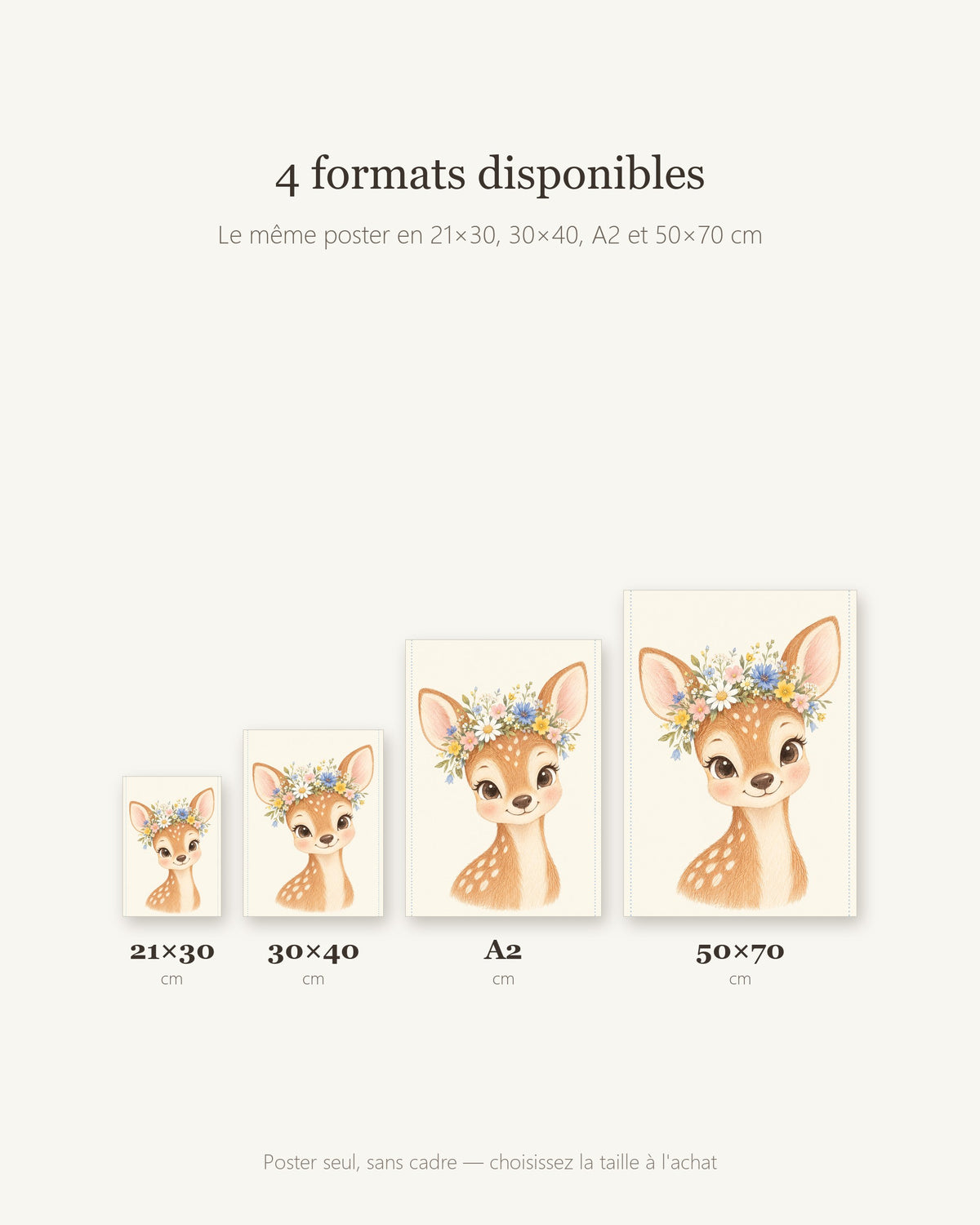 Poster Faon Fleuri Sans Cadre – Décoration Chambre Bébé Animaux Aquarelle – Papier Mat