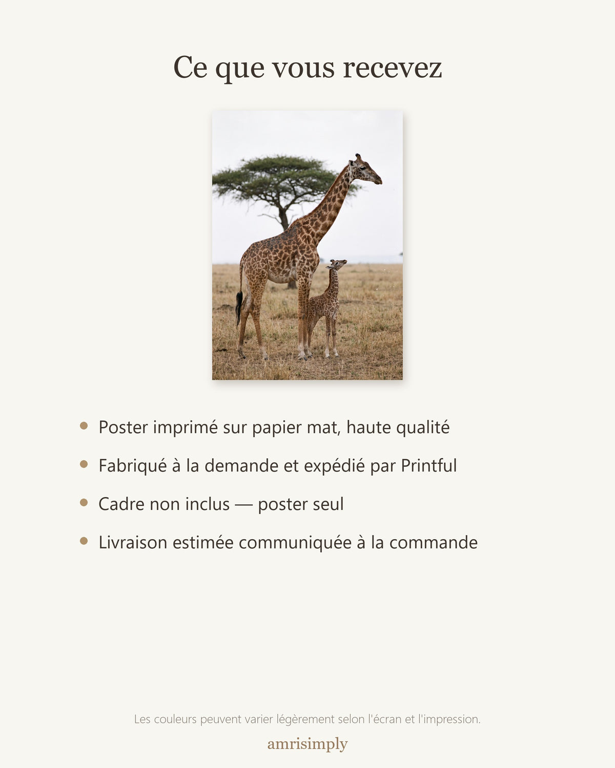 Poster Girafe et son Girafon Sans Cadre - Affiche Nature - Papier Mat - Décoration Murale