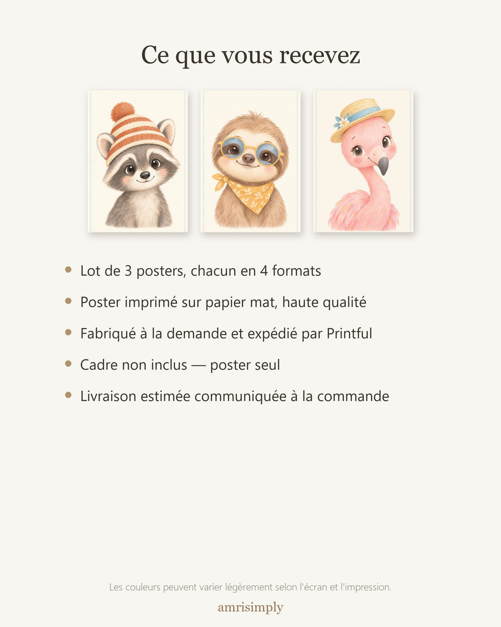 Lot 3 Posters Sans Cadre Douceur Tropicale – Paresseux Raton Laveur Flamant Rose – Décoration Chambre Bébé Aquarelle – Papier Mat