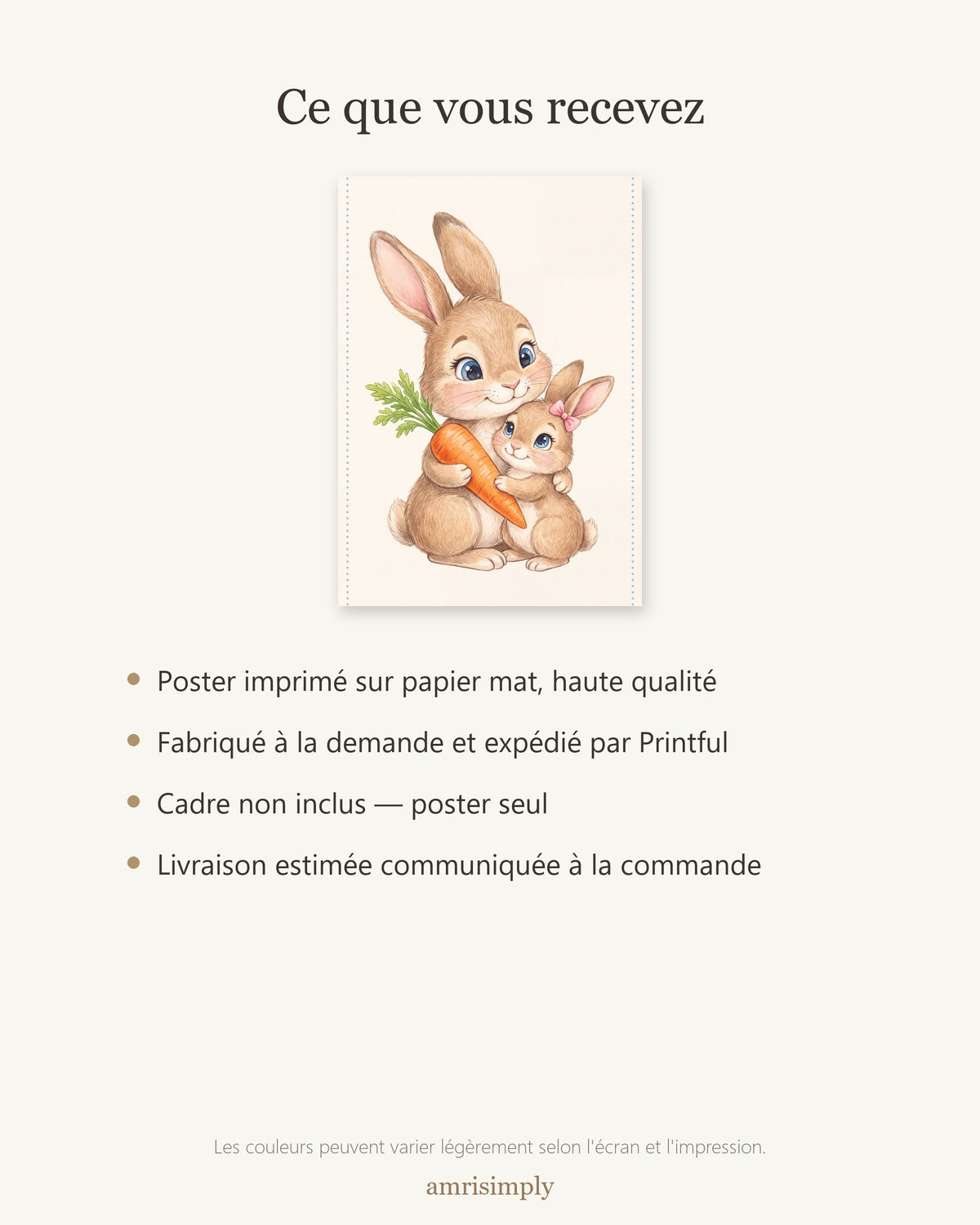 Poster Maman Lapin et son Lapereau Sans Cadre – Décoration Chambre Bébé Animaux Aquarelle – Papier Mat