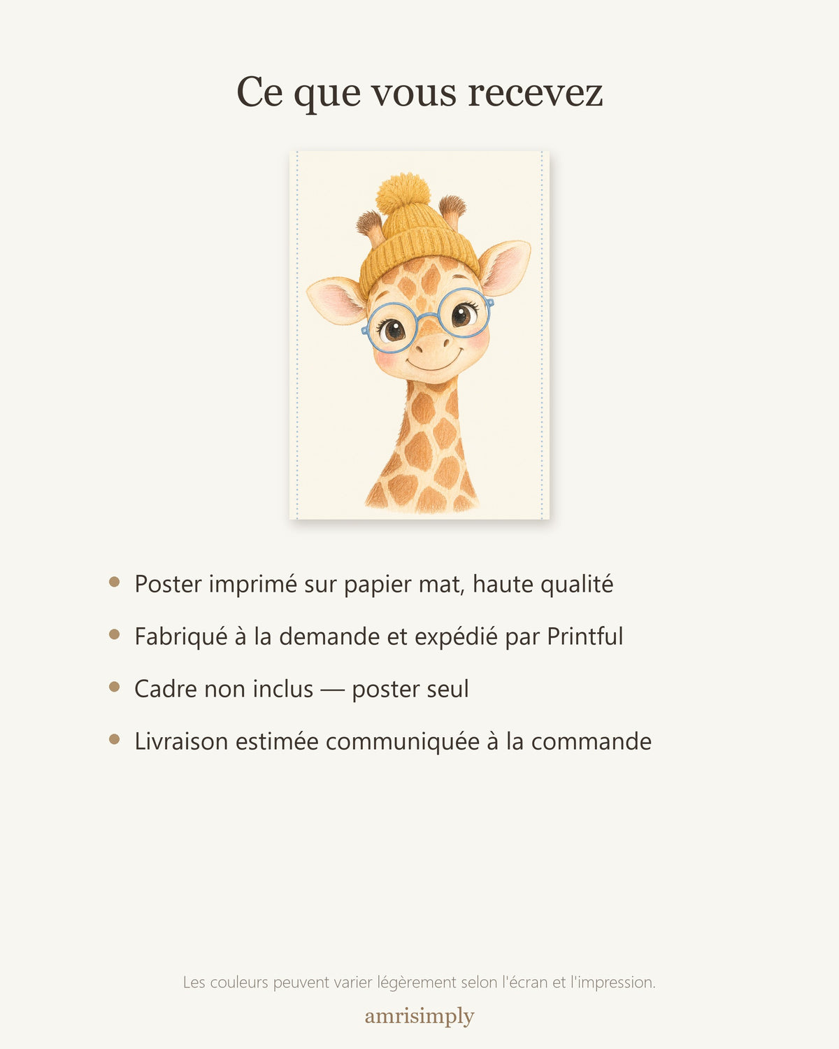 Poster Girafon Lunettes Sans Cadre – Décoration Chambre Bébé Animaux Aquarelle – Papier Mat