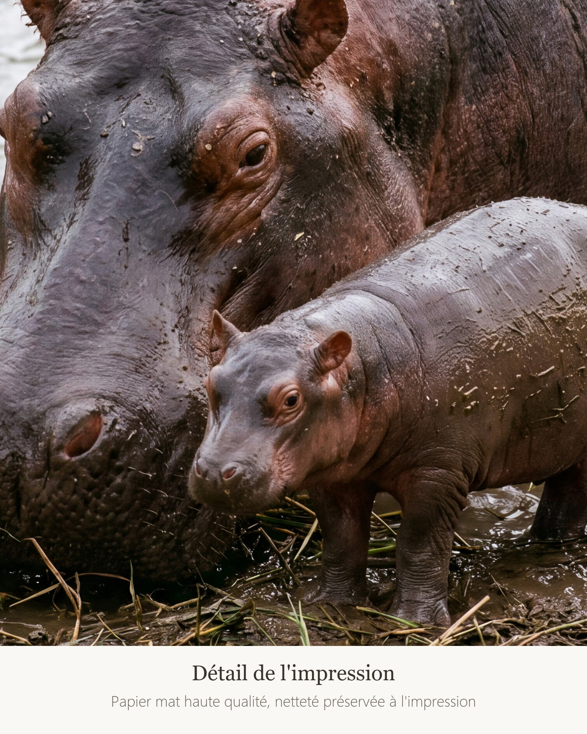 Poster Hippopotame et son Petit Sans Cadre - Affiche Nature - Papier Mat - Décoration Murale