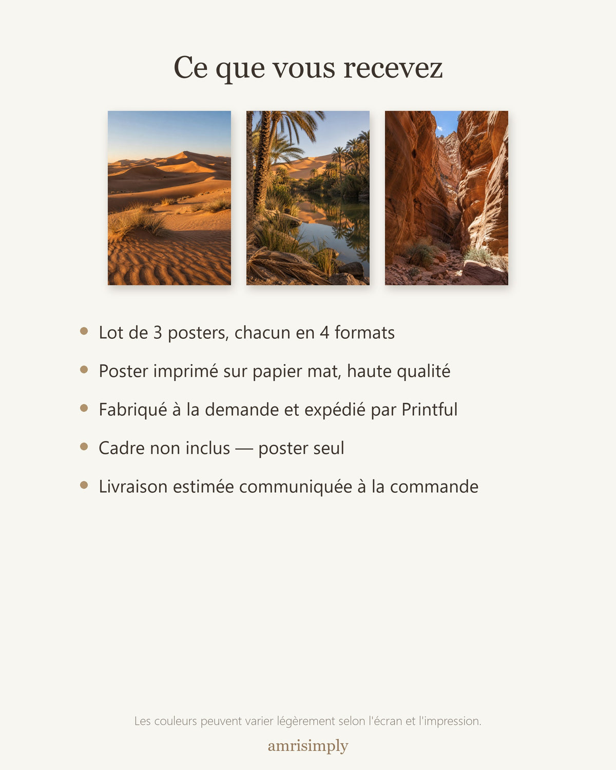 Lot Couleurs du Désert - 3 Posters Sans Cadre Nature Désert - Papier Mat