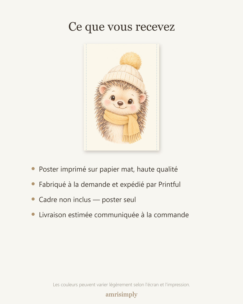 Poster Hérisson Écharpe Sans Cadre – Décoration Chambre Bébé Animaux Aquarelle – Papier Mat