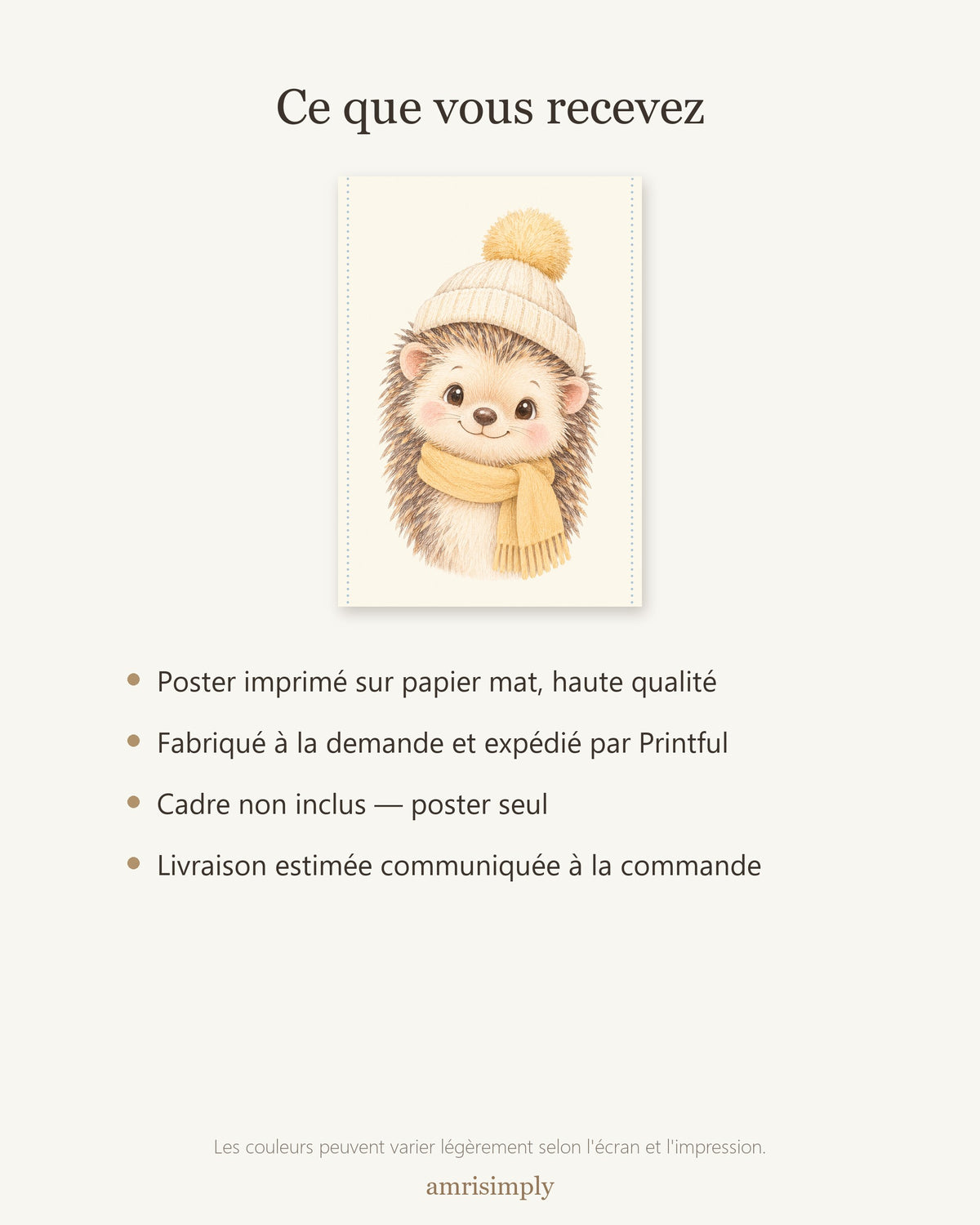 Poster Hérisson Écharpe Sans Cadre – Décoration Chambre Bébé Animaux Aquarelle – Papier Mat