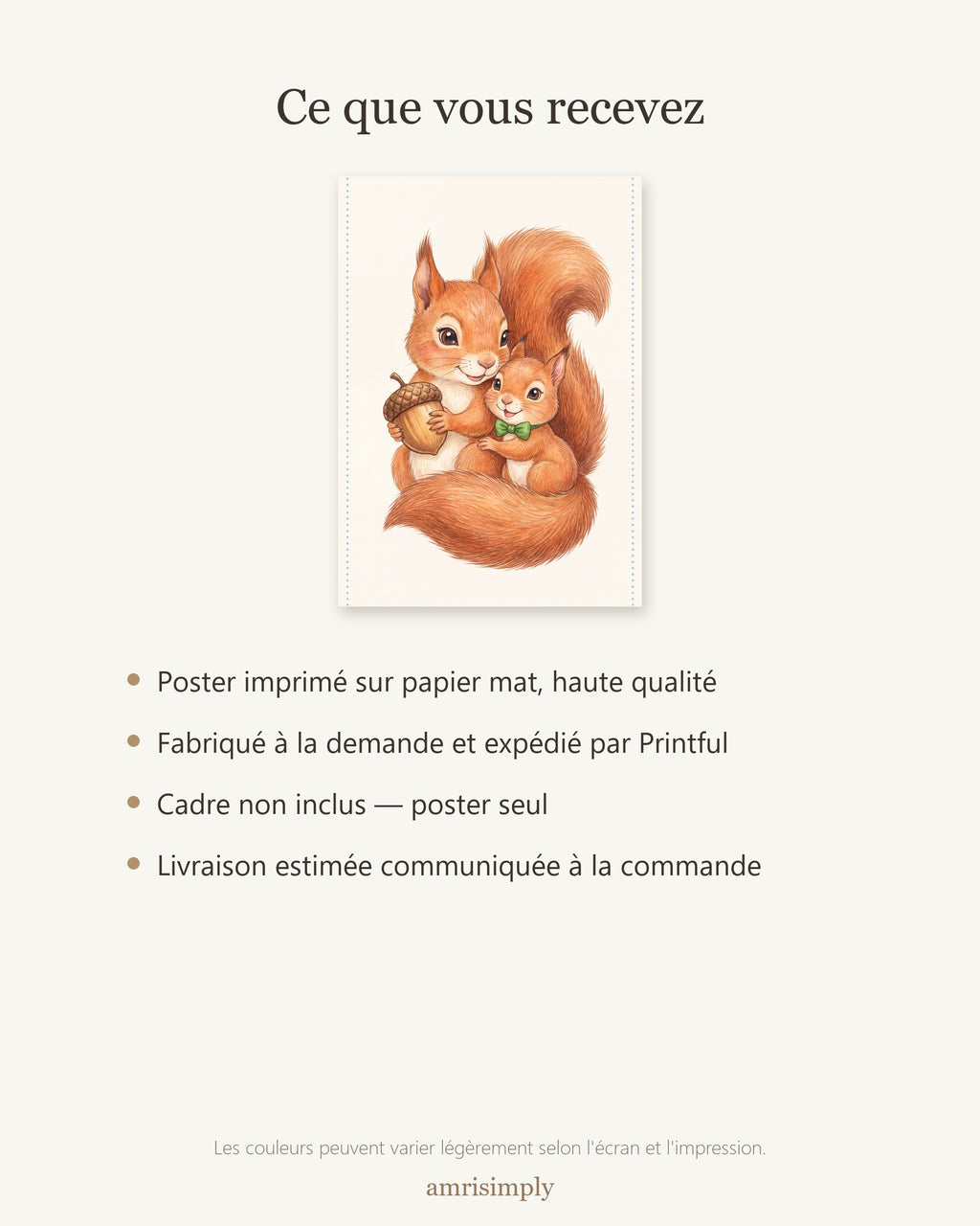 Poster Maman Écureuil et son Petit Sans Cadre – Décoration Chambre Bébé Animaux Aquarelle – Papier Mat
