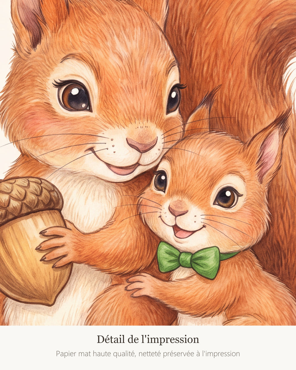 Poster Maman Écureuil et son Petit Sans Cadre – Décoration Chambre Bébé Animaux Aquarelle – Papier Mat