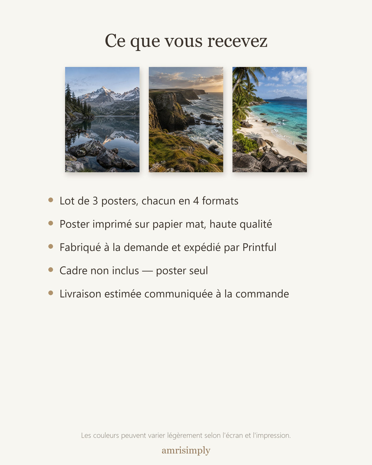 Lot Eaux et Rivages - 3 Posters Sans Cadre Nature Eau - Papier Mat