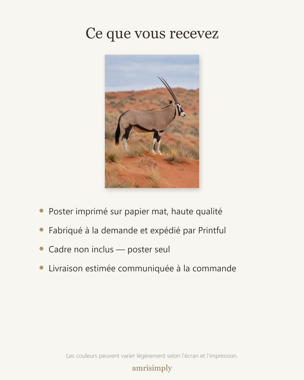 Poster Kalahari et oryx Sans Cadre - Affiche Animaux Sauvages - Papier Mat - Décoration Murale