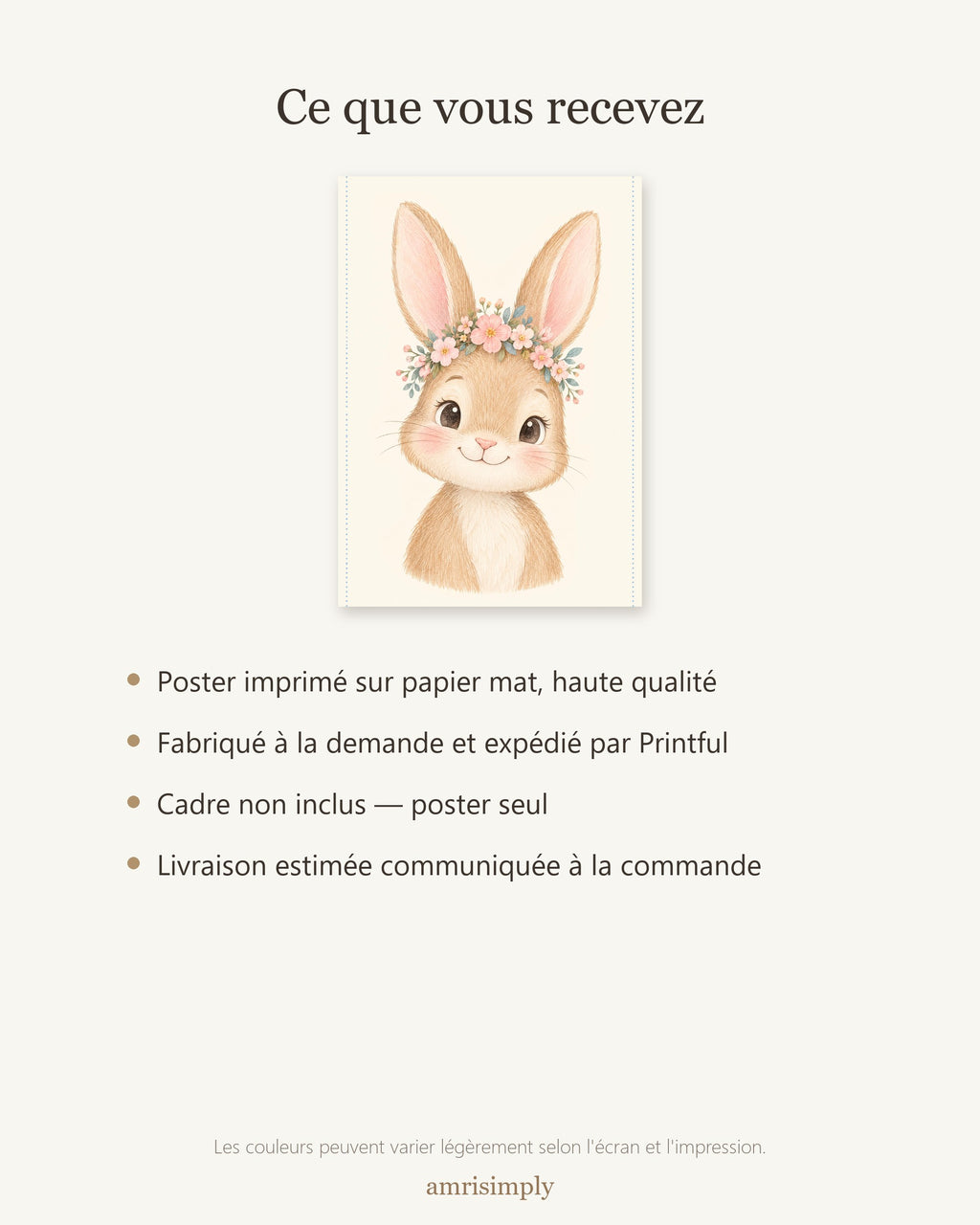Poster Lapereau Fleuri Sans Cadre – Décoration Chambre Bébé Animaux Aquarelle – Papier Mat