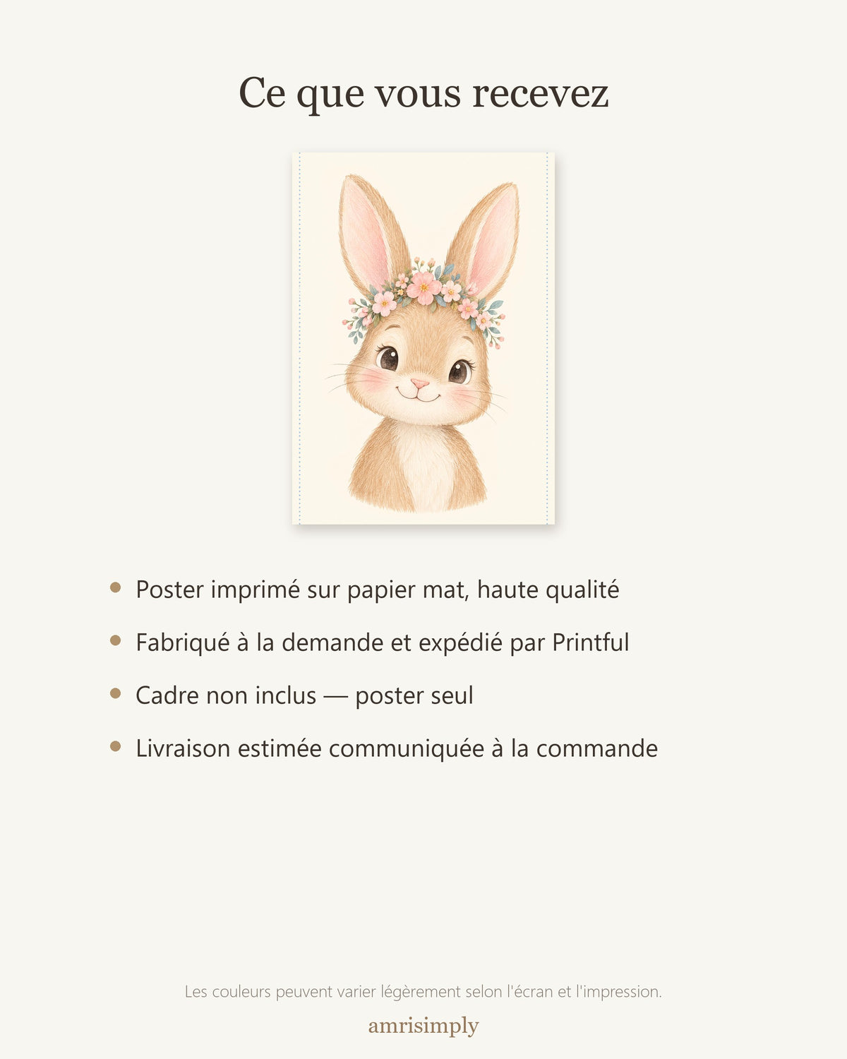 Poster Lapereau Fleuri Sans Cadre – Décoration Chambre Bébé Animaux Aquarelle – Papier Mat