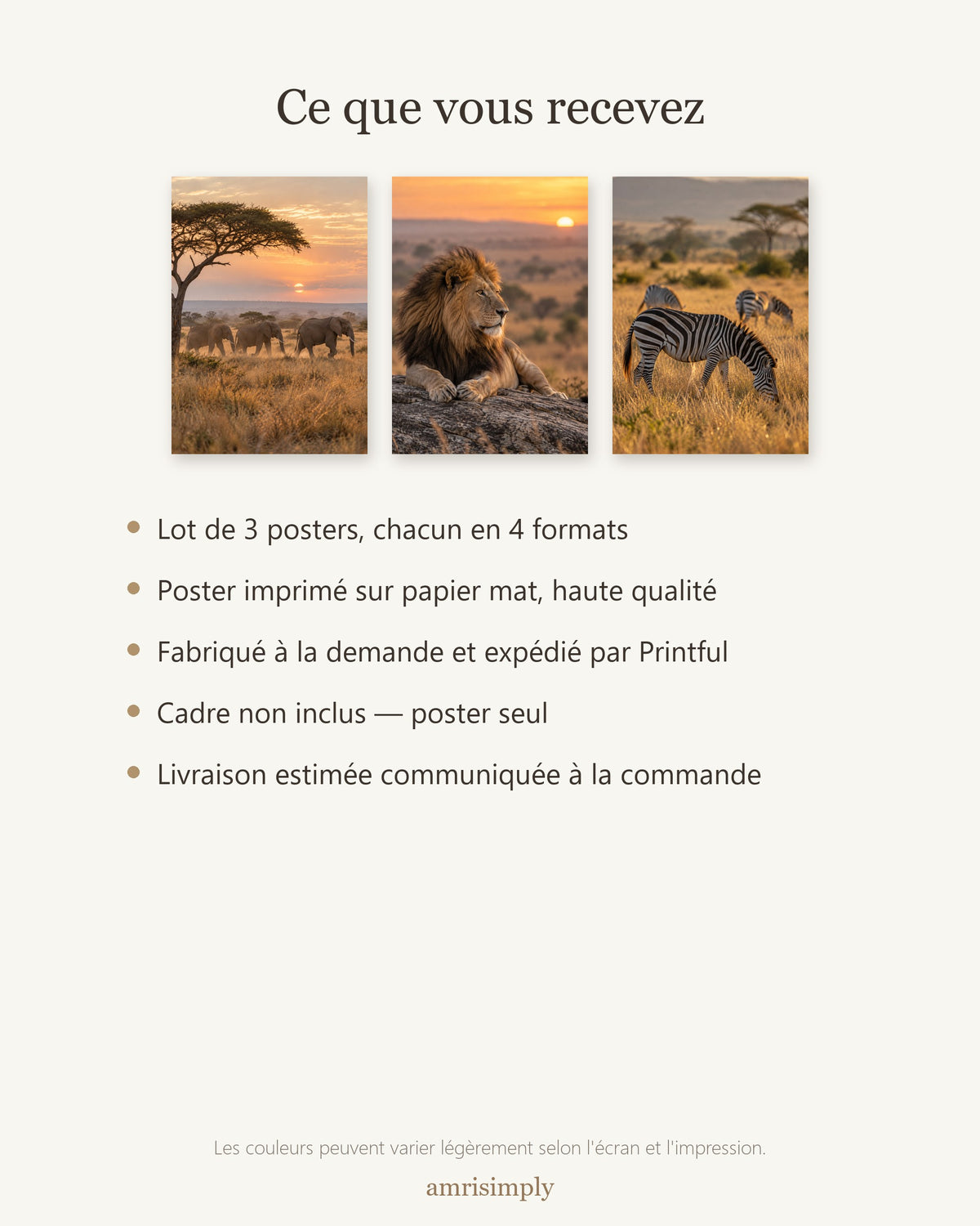 Lot Savane Dorée - 3 Posters Sans Cadre Nature Afrique - Papier Mat