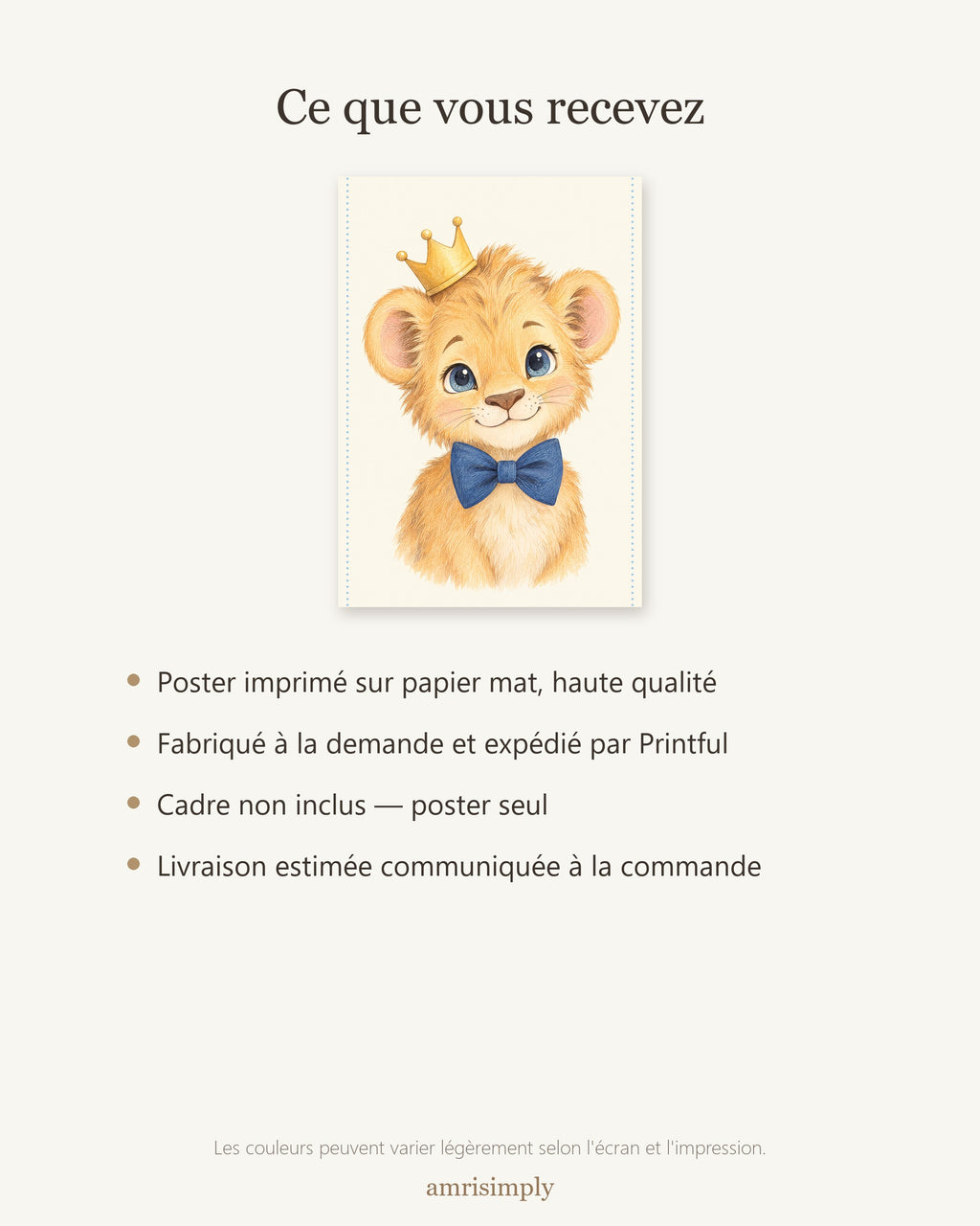 Poster Lionceau Nœud Papillon Sans Cadre – Décoration Chambre Bébé Animaux Aquarelle – Papier Mat