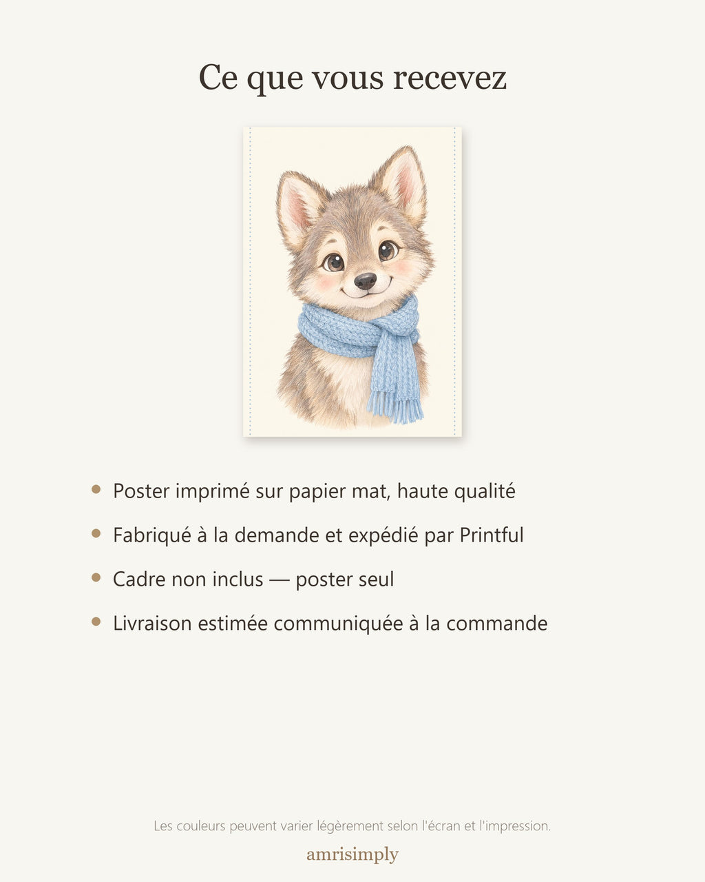 Poster Louveteau Écharpe Sans Cadre – Décoration Chambre Bébé Animaux Aquarelle – Papier Mat