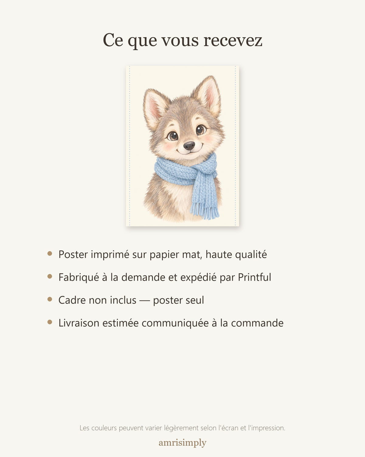 Poster Louveteau Écharpe Sans Cadre – Décoration Chambre Bébé Animaux Aquarelle – Papier Mat