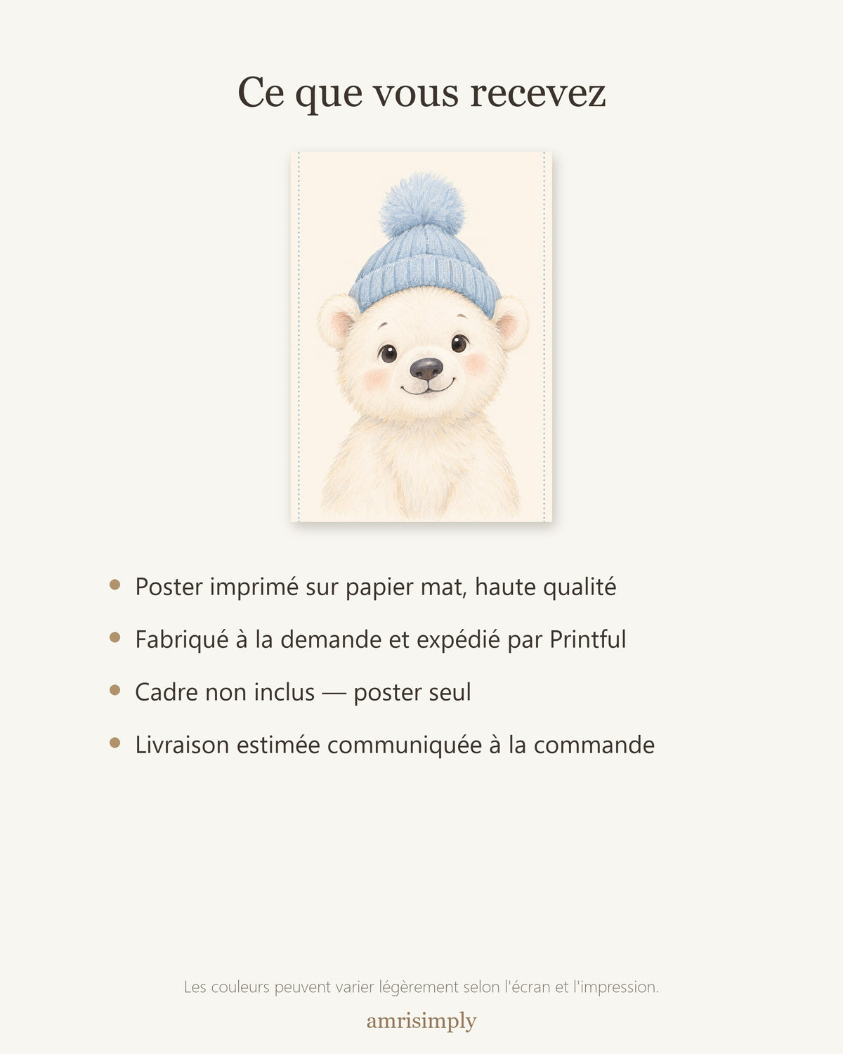 Poster Ourson Polaire au Bonnet Sans Cadre – Décoration Chambre Bébé Animaux Aquarelle – Papier Mat