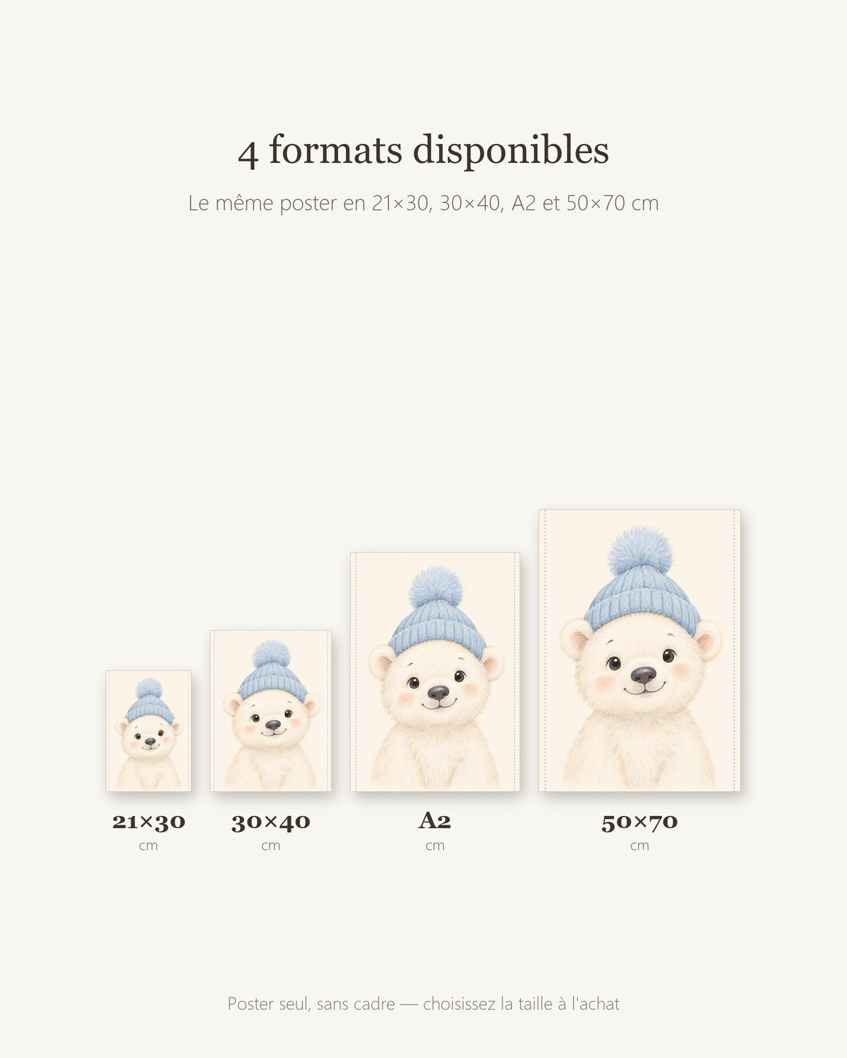 Poster Ourson Polaire au Bonnet Sans Cadre – Décoration Chambre Bébé Animaux Aquarelle – Papier Mat
