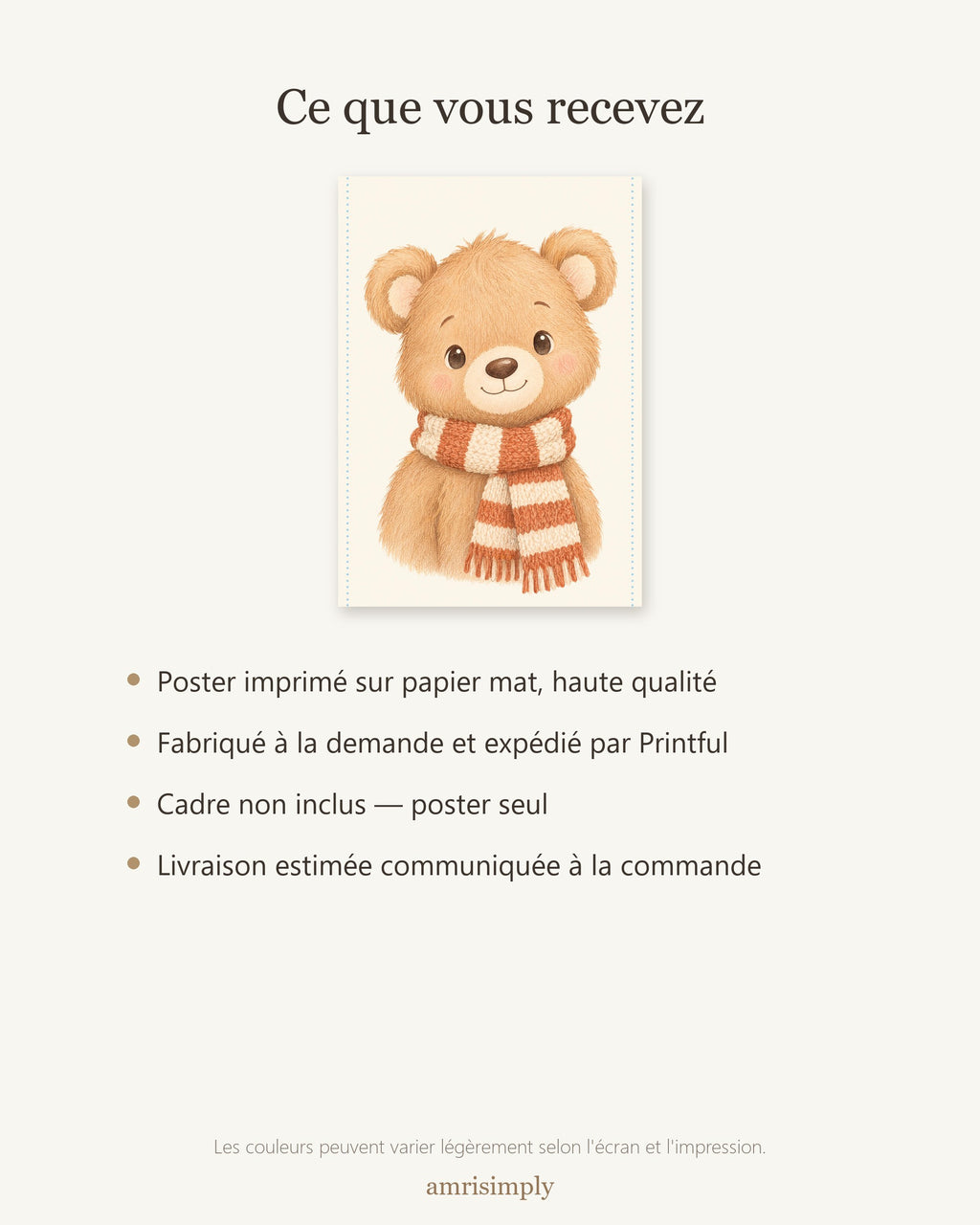 Poster Ourson en Écharpe Sans Cadre – Décoration Chambre Bébé Animaux Aquarelle – Papier Mat