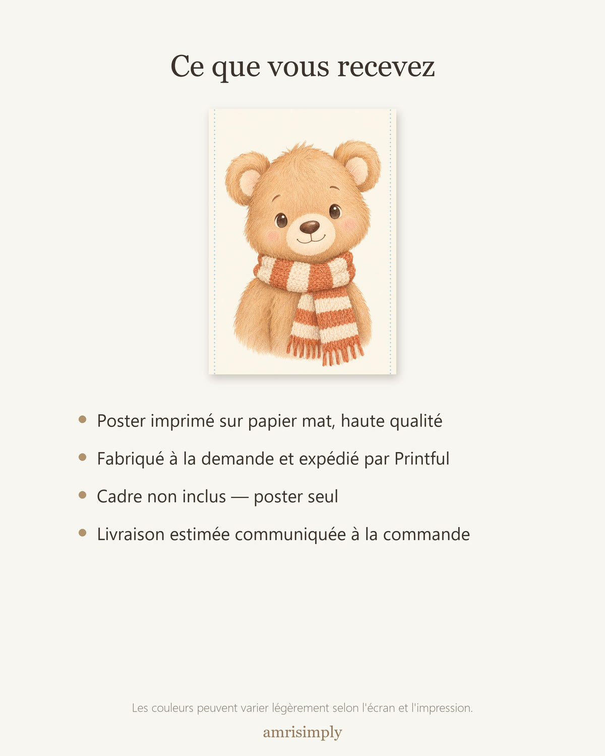 Poster Ourson en Écharpe Sans Cadre – Décoration Chambre Bébé Animaux Aquarelle – Papier Mat