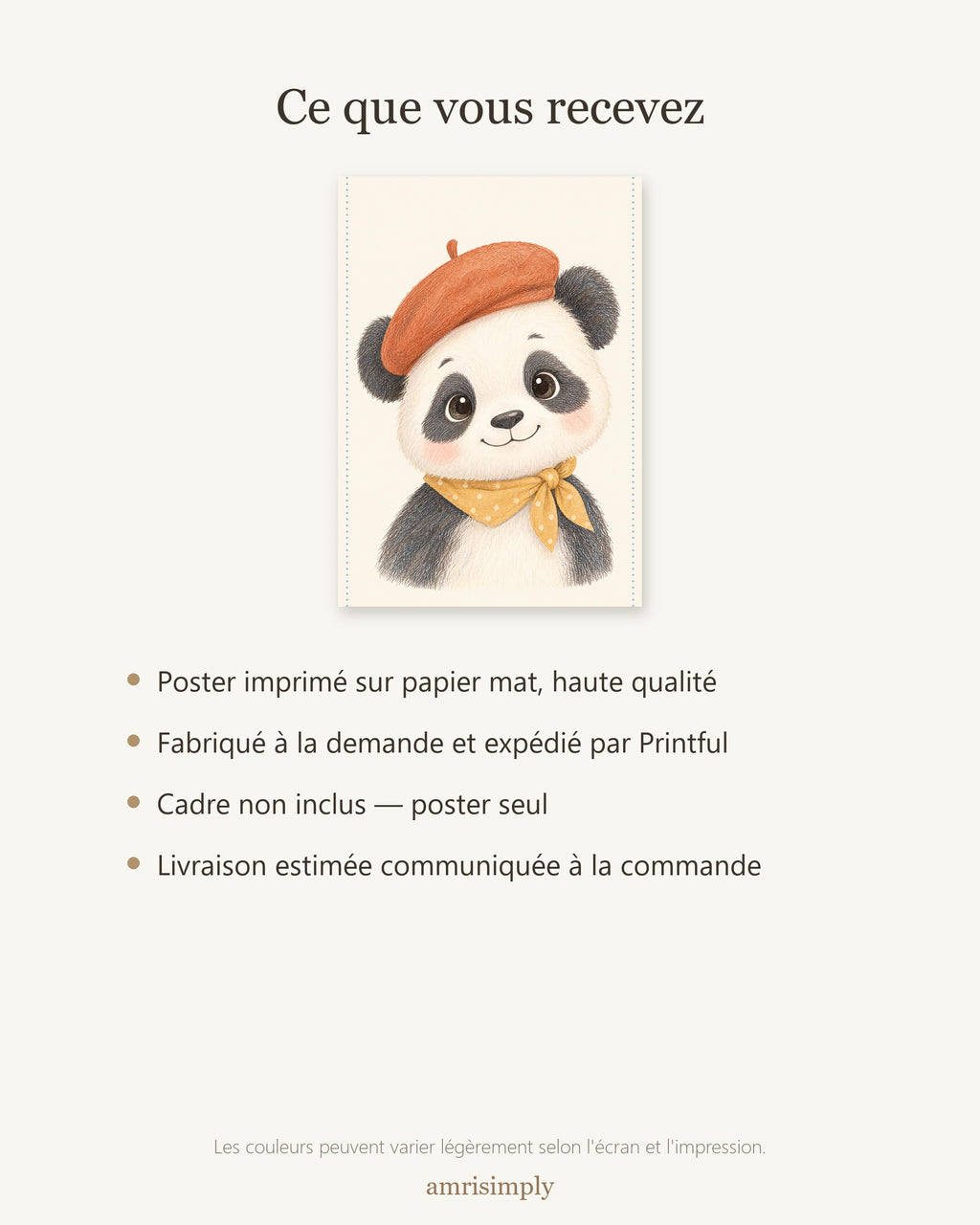 Poster Panda au Béret Sans Cadre – Décoration Chambre Bébé Animaux Aquarelle – Papier Mat