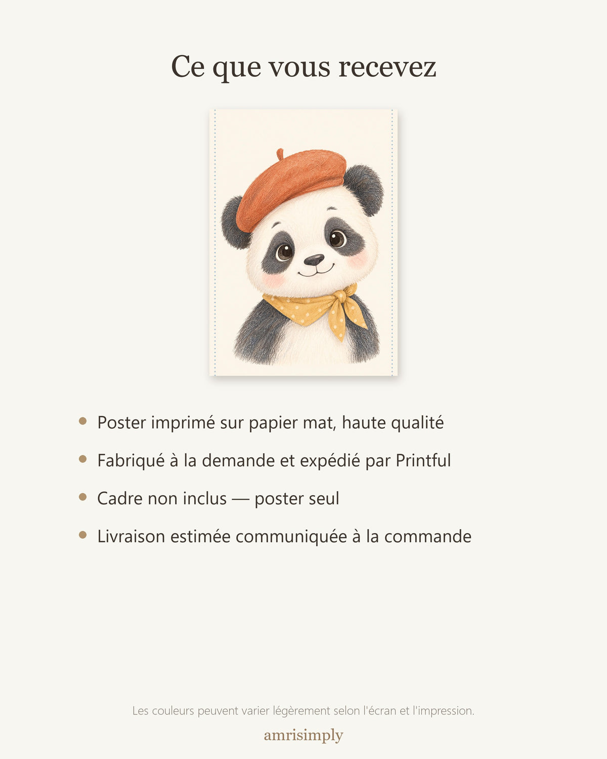 Poster Panda au Béret Sans Cadre – Décoration Chambre Bébé Animaux Aquarelle – Papier Mat